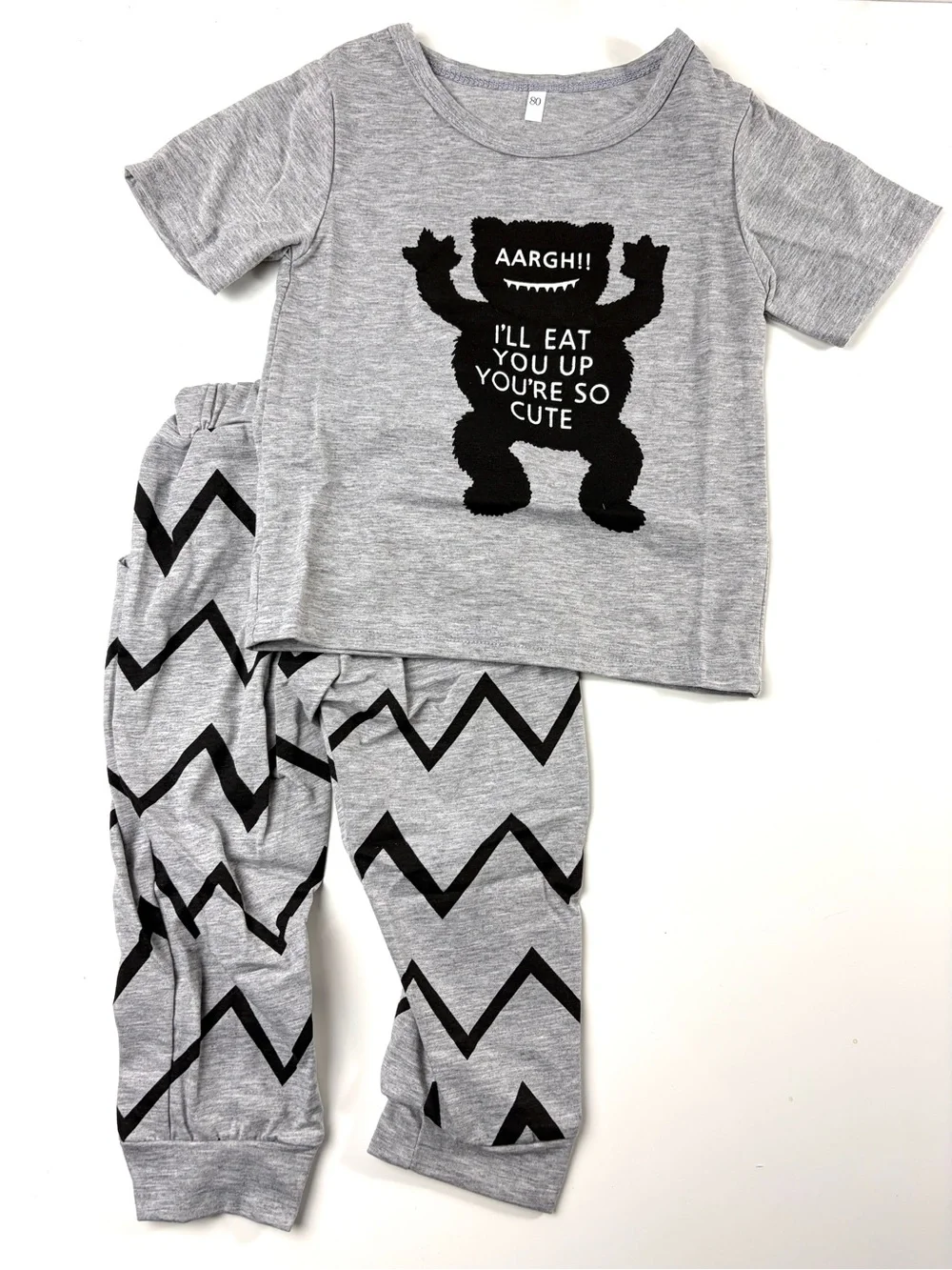 Monster 2-pc Toddler Gray Short Sleeve Top & Chevron Stripe Pants, Sz 12-18mo